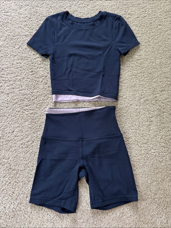 lululemon athletica Tops - LULULEMON Navy Blue Purple Cropped Tee and Short Set 2/XXS